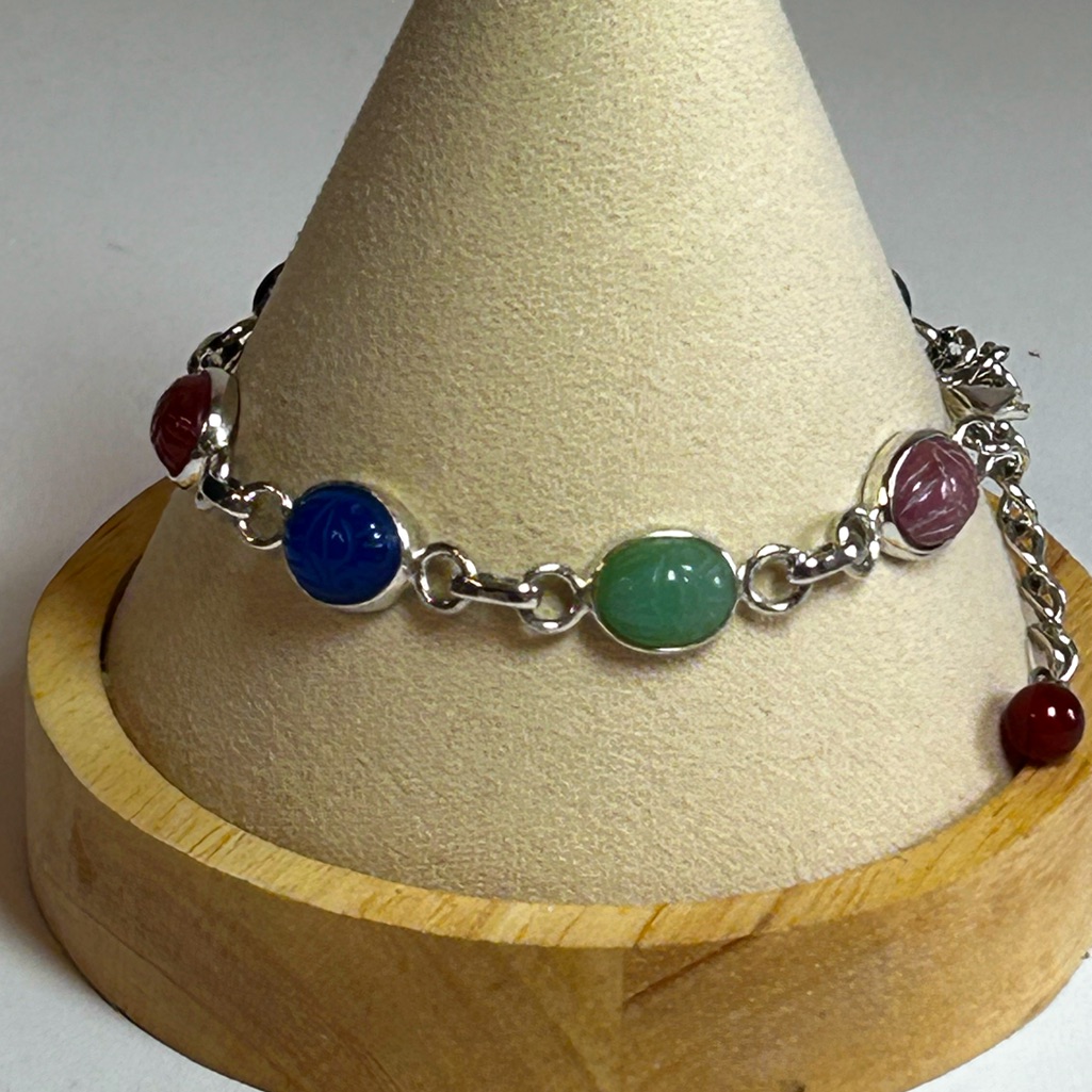 Sterling Silver 925 Scarab Gemstone Chain Linked Bracelet Multi Adjustable